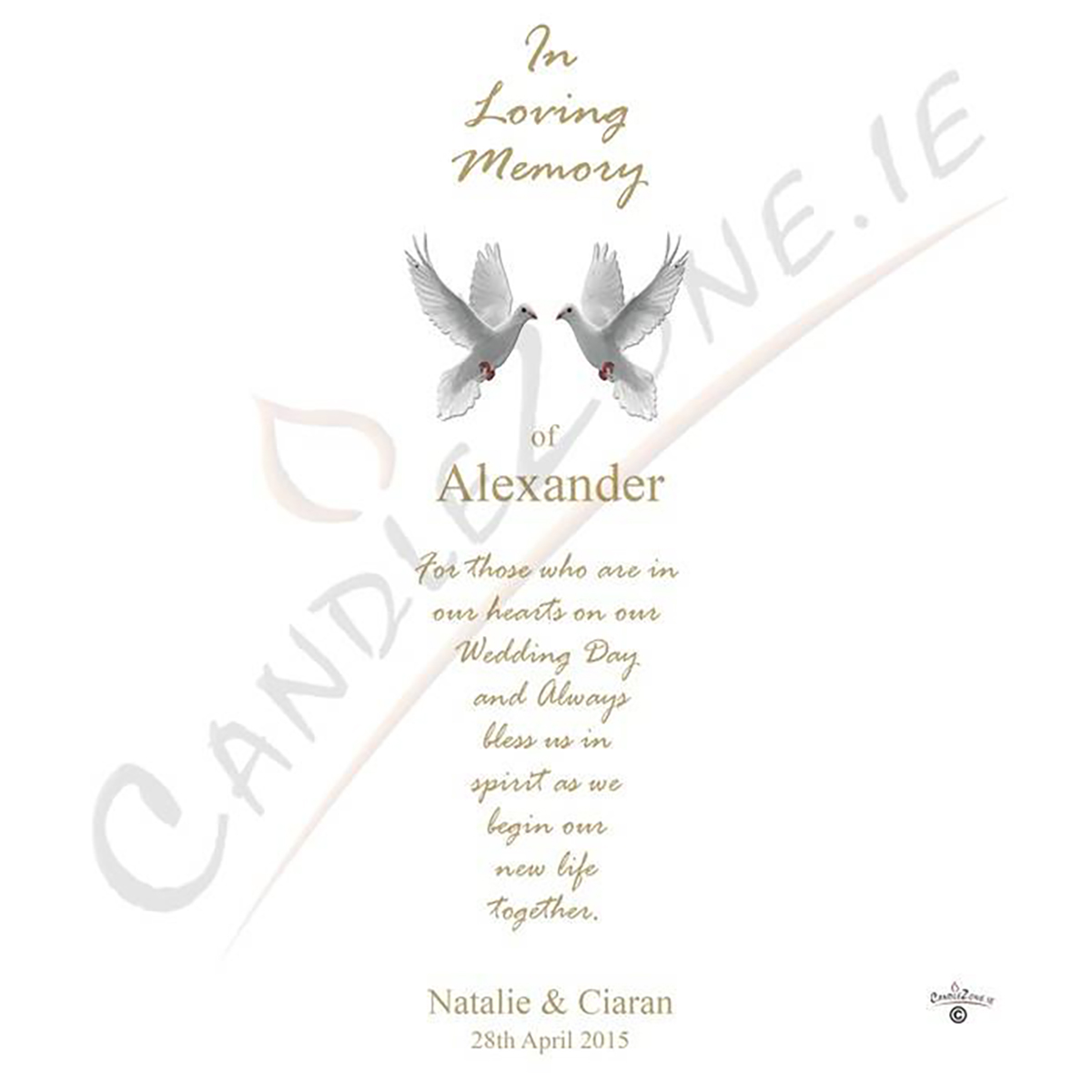 Customised Wedding Remembrance Candle - Entwined Gold Rings & Doves