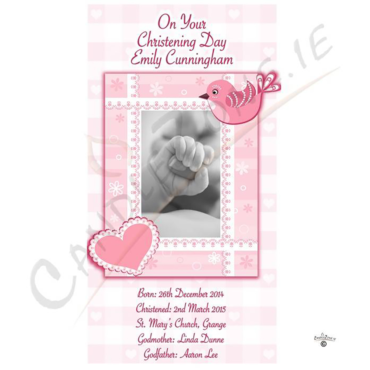 Customised Girls Christening Candle - Heart & Bird Pink