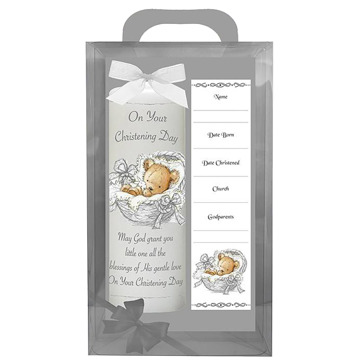 Customised Christening Candle - Teddy in Basket Silver