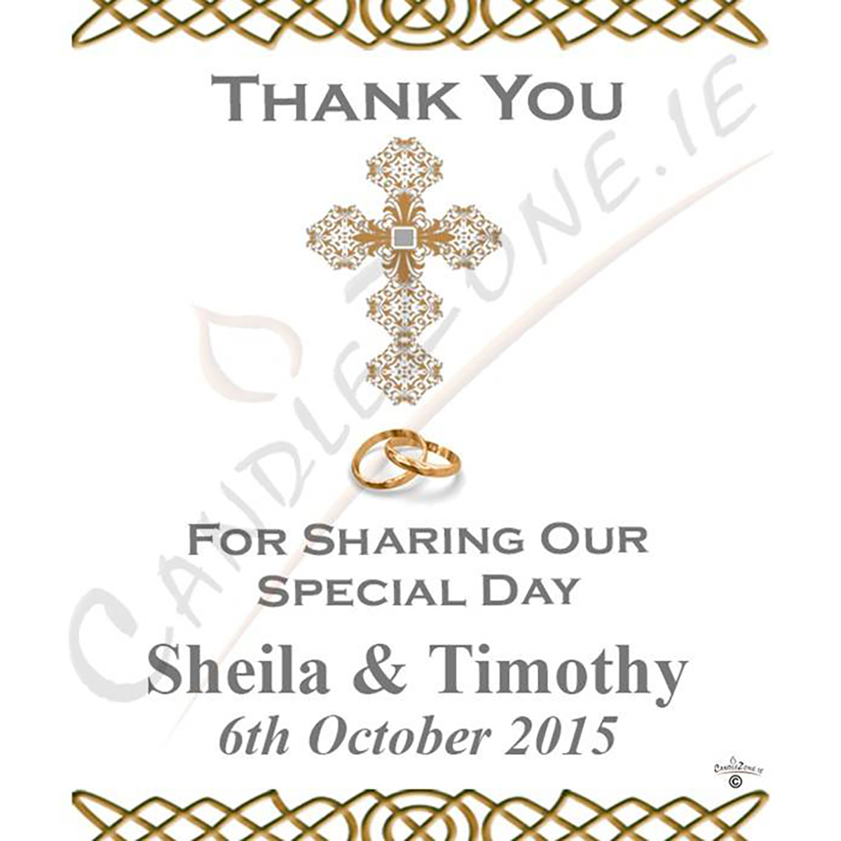 Customised Thank you Wedding Favour - Ornate Cross & Gold Rings