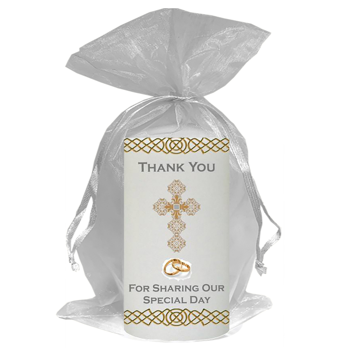 Customised Thank you Wedding Favour - Ornate Cross & Gold Rings