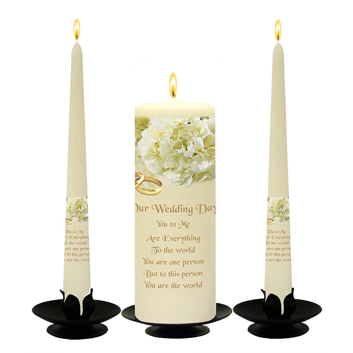 Customised Wedding Candles - Flower Range White Bouquet & Gold Rings