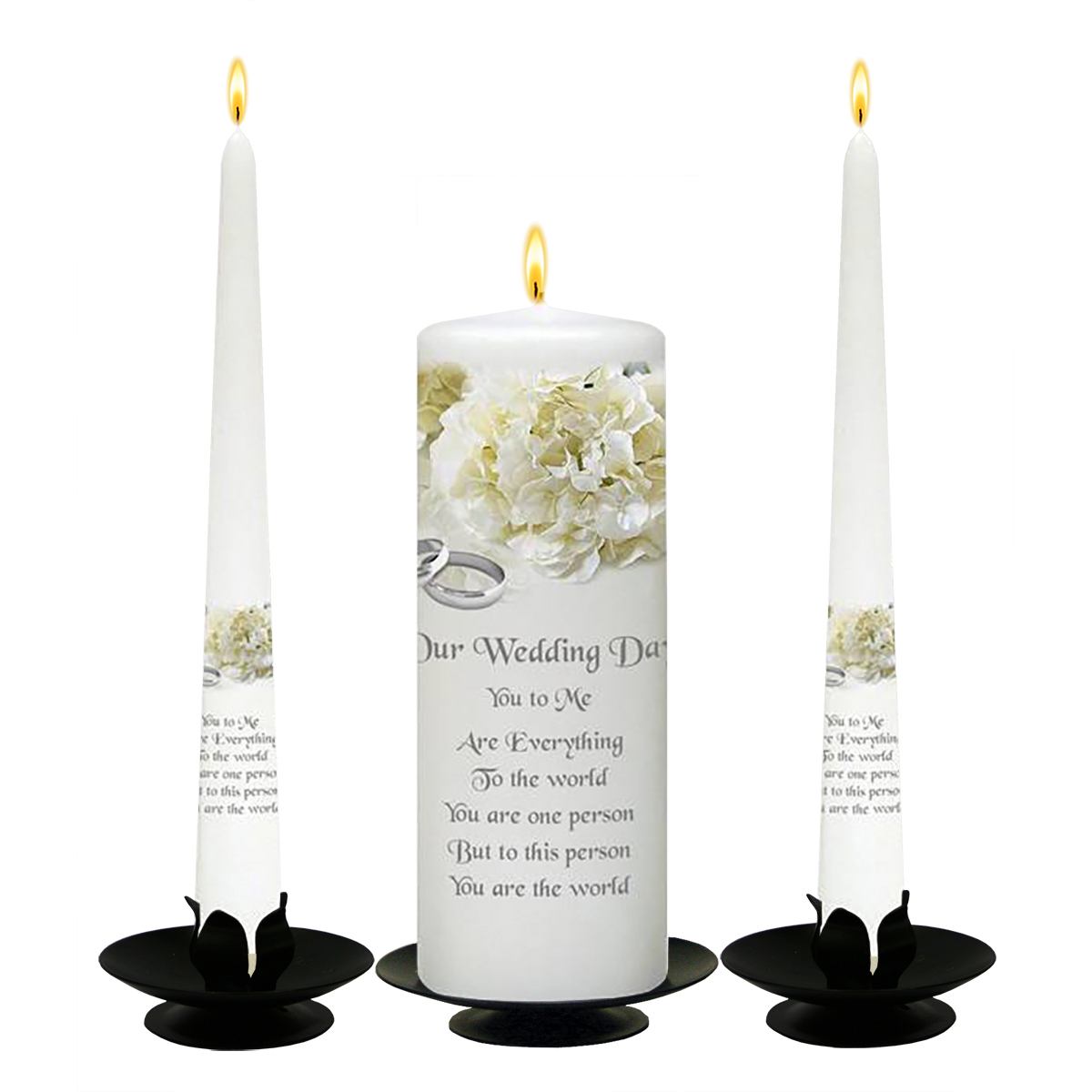 Customised Wedding Candles - Flower Range White Bouquet & Silver Rings