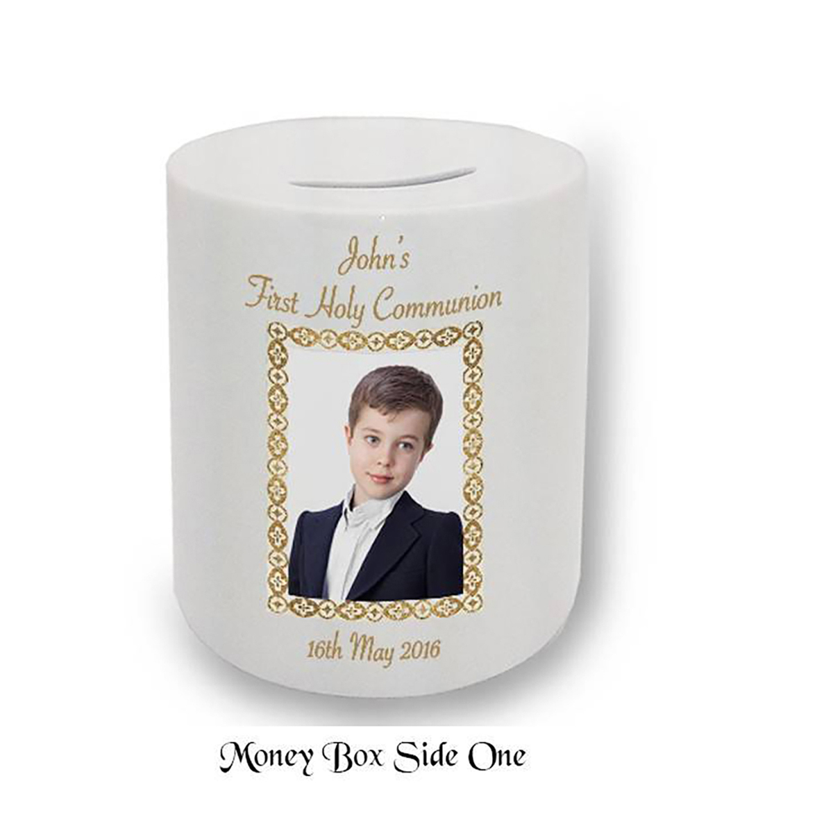 Customised Money Box Gift - 1st Holy Communion Photo Boy