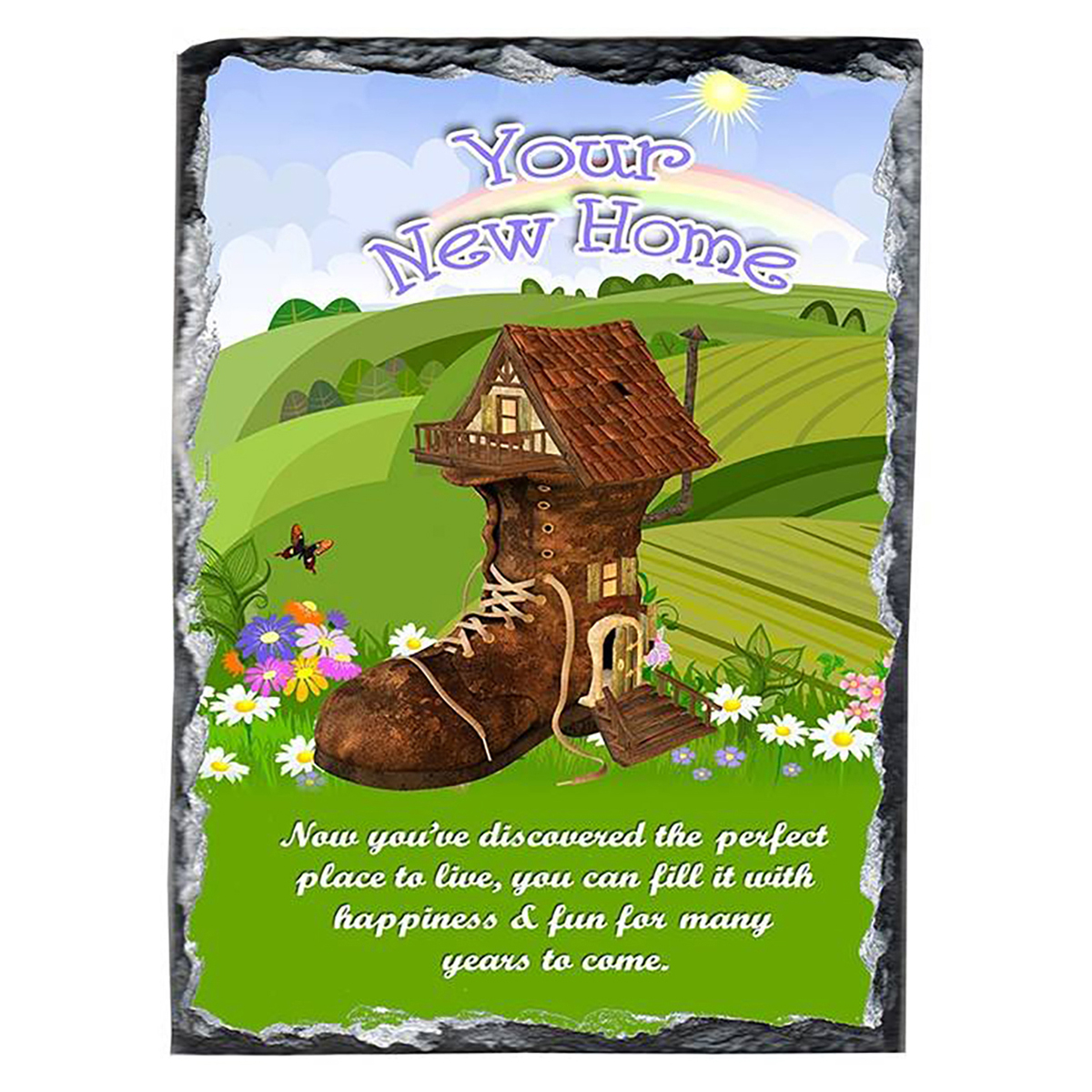 Customised New Home Slate Gift - Shoe House & Rainbow