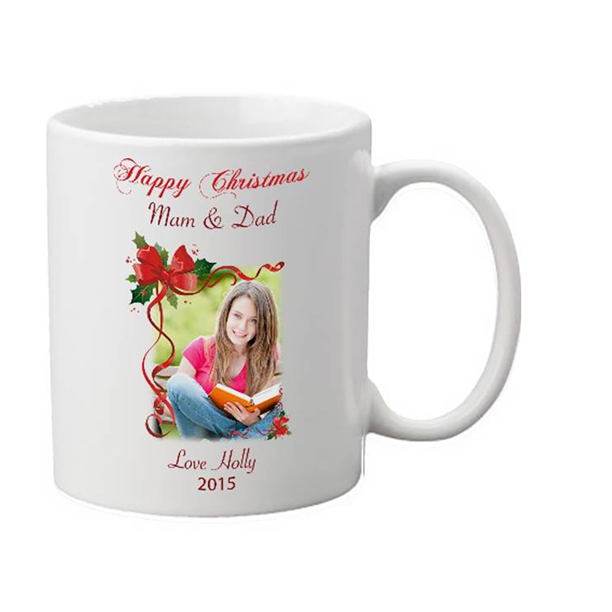 Personalsied Christmas Mug Gift - Holly & Bow with Photo