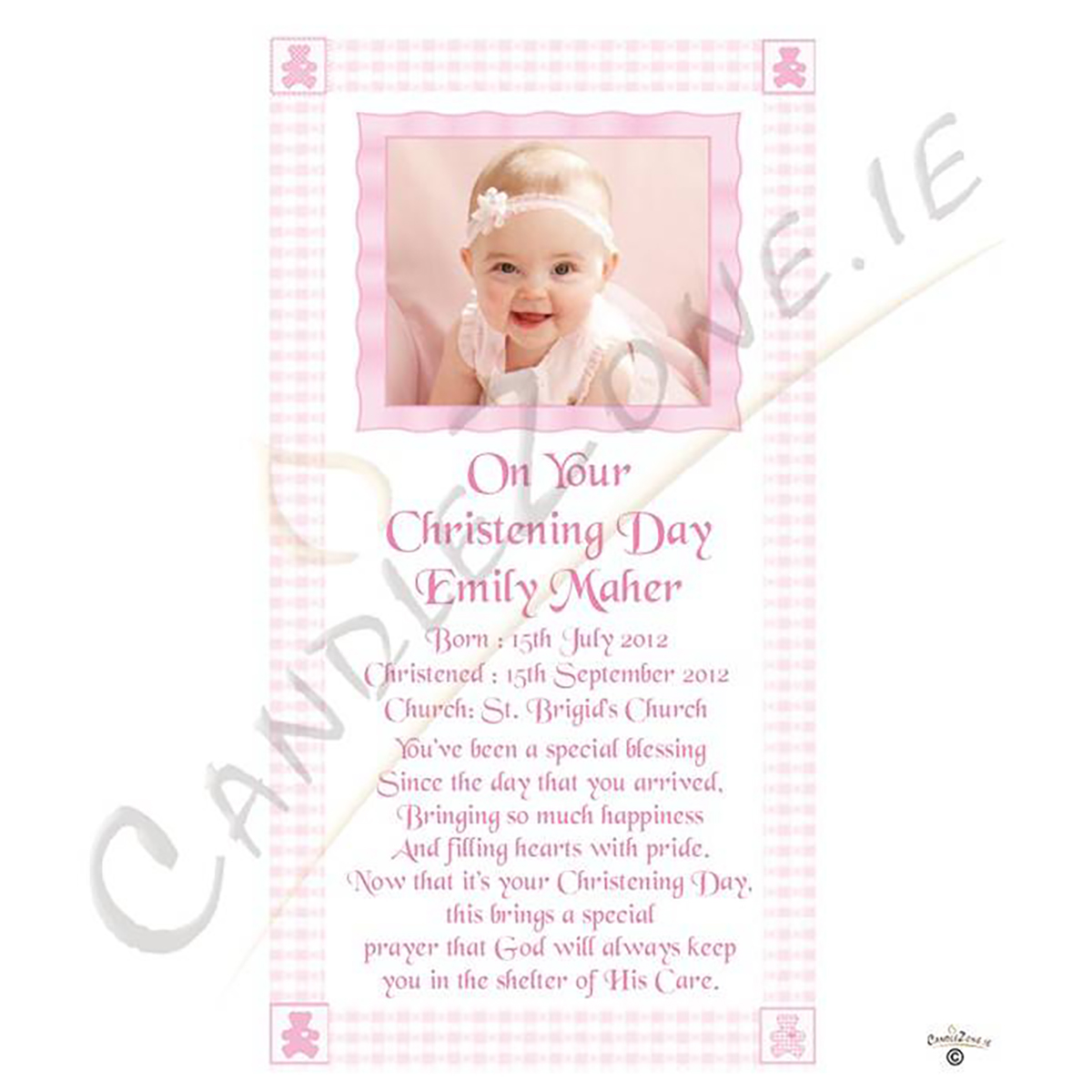 Customised Girls Christening Candle - Gingham Frame Pink with Photo
