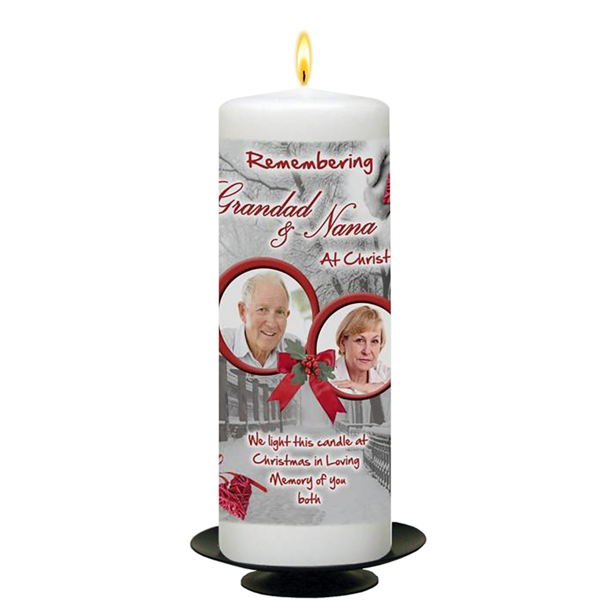 Customised Christmas Remembrance Candle - Winter Scene Hearts with two Photos