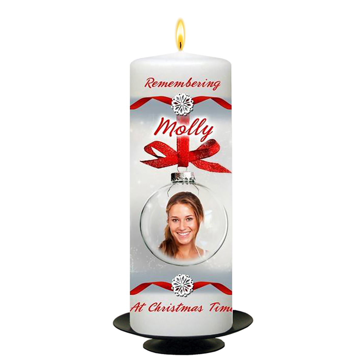 Customised Christmas Remembrance Candle - Red Ribbon with one Photo