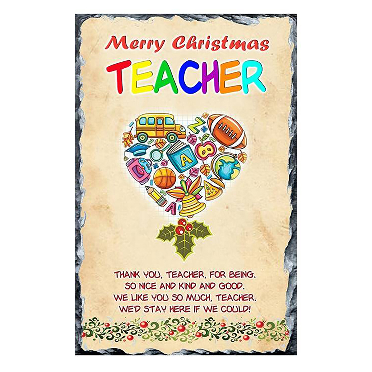 Customised Christmas Teacher Slate Gift - Heart & Holly
