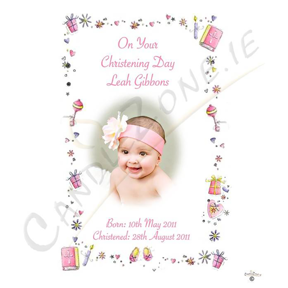Customised Girls Christening Candle - Stars & Hearts Pink with Photo