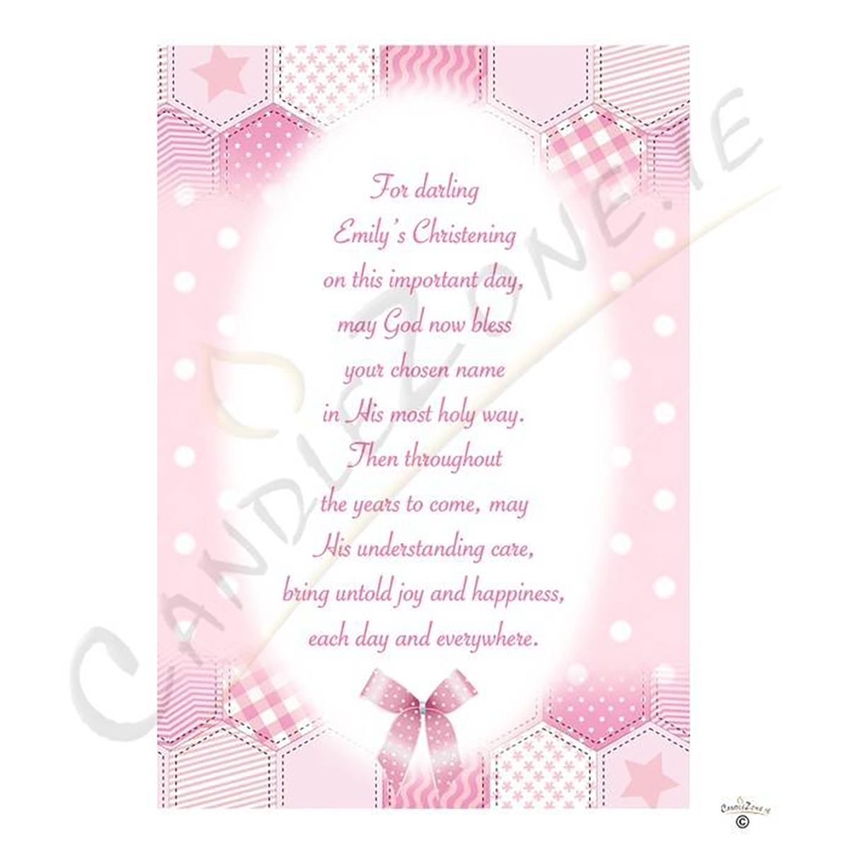 Customised Girls Christening Candle - Dots & Ribbons Pink Teddy