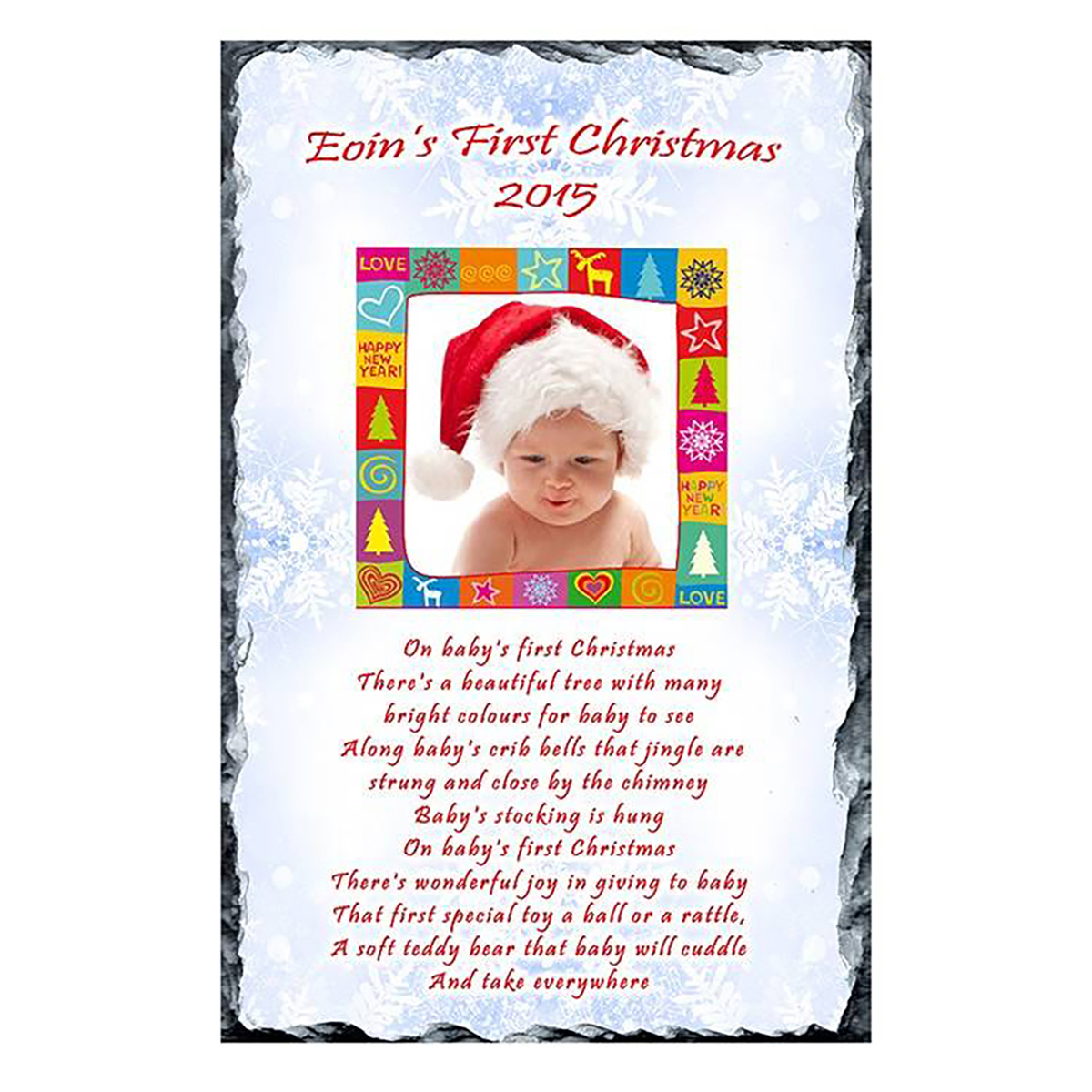 Babys First Chrismtmas Slate - Blue Snowflakes with Photo
