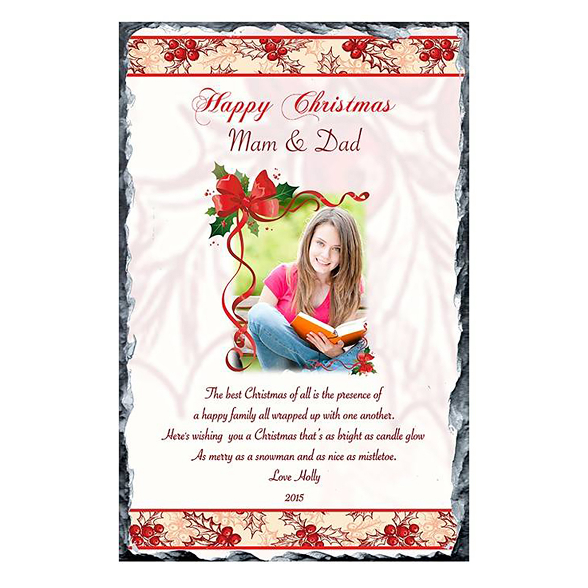 Personalsied Christmas Slate Gift - Holly & Bow with Photo
