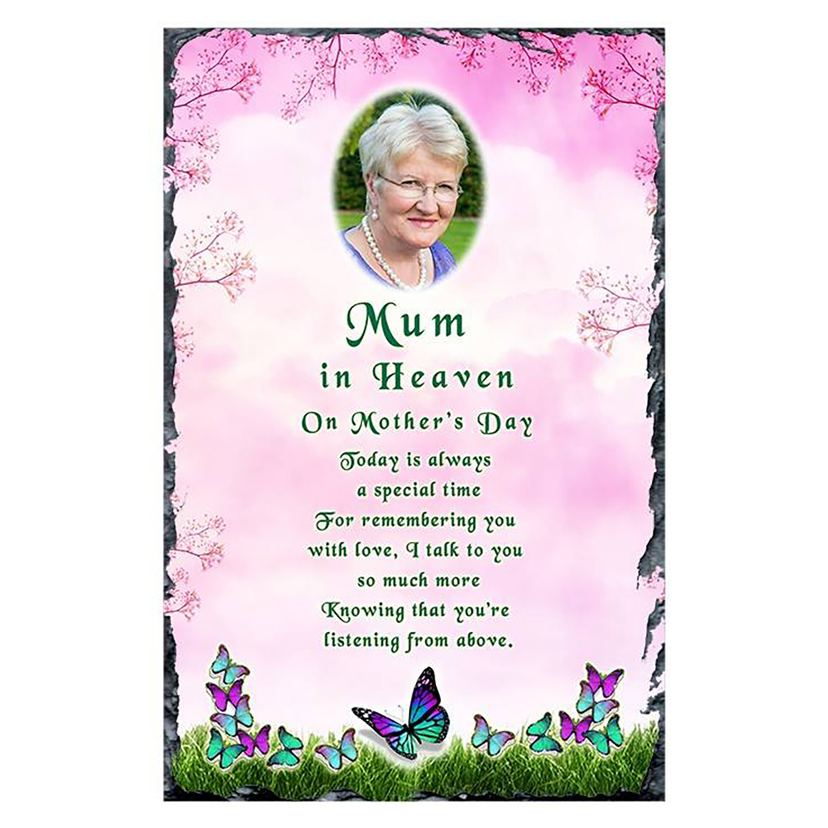 Customised Mothers Day Remembrance Slate - Purple & Green Butterfly with Photo