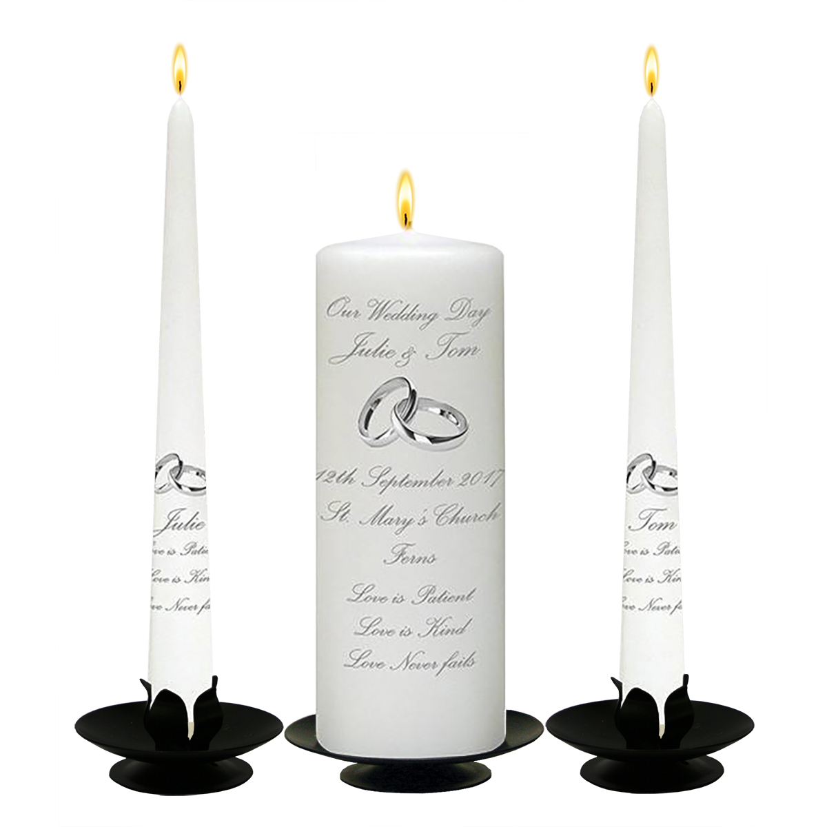 Customised Wedding Candles - Love is Patient Silver Rings