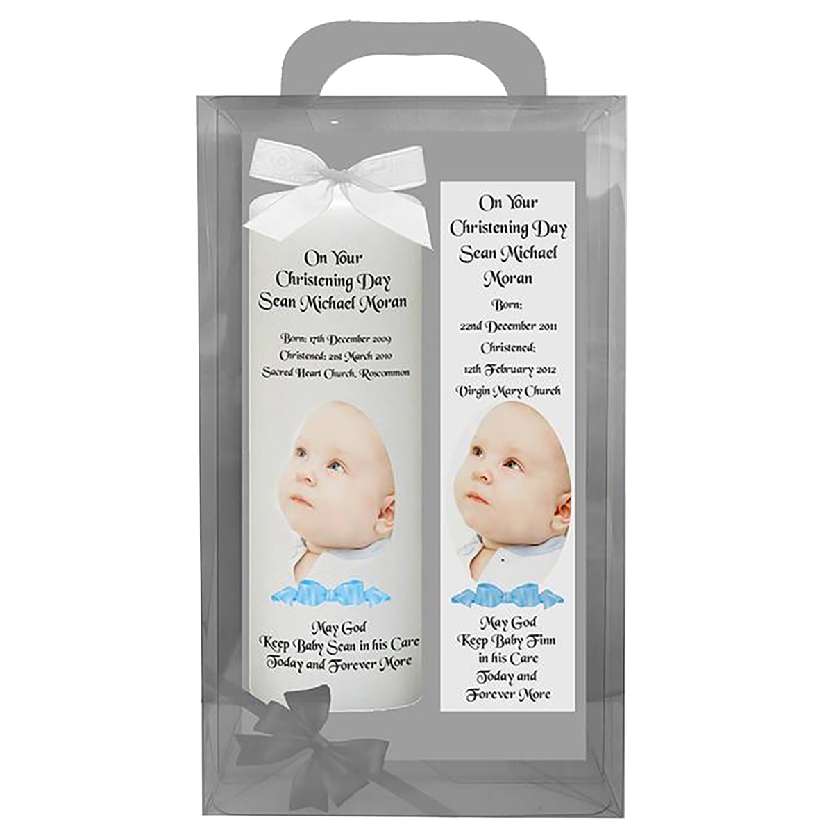 Customised Boys Christening Candle - Ribbon Blue with Photo