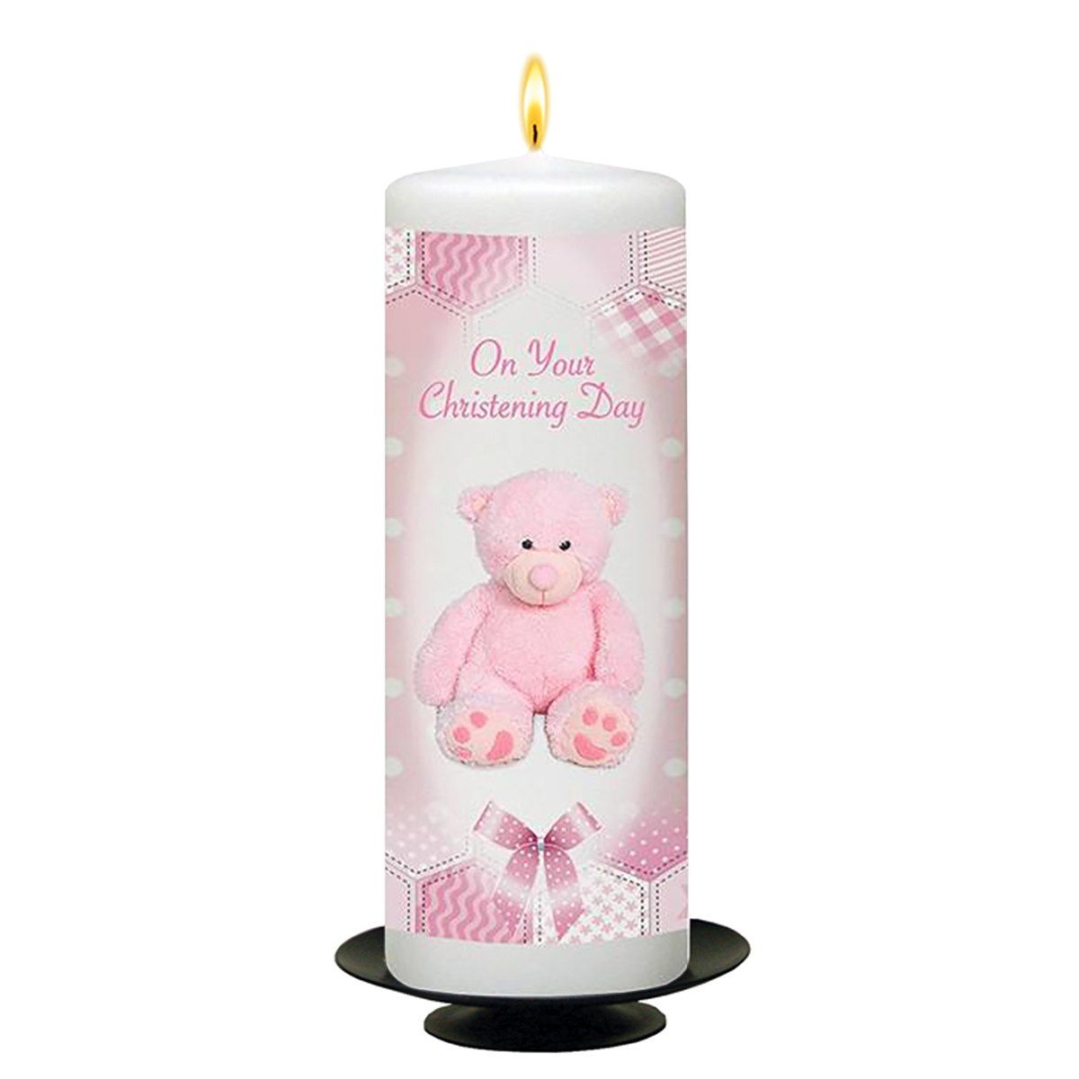 Customised Girls Christening Candle - Dots & Ribbons Pink Teddy