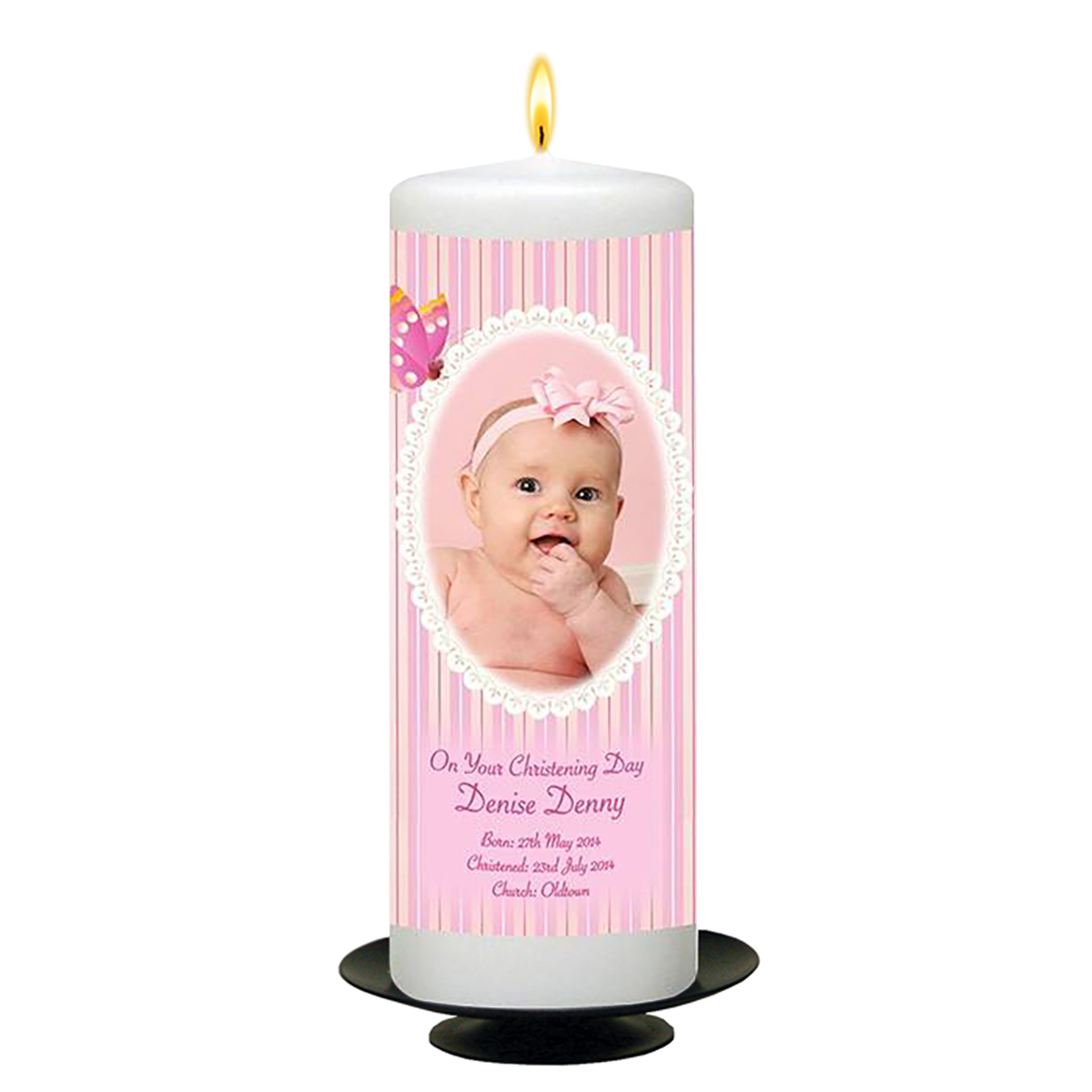 Customised Girls Christening Candle - Butterfly & Bow Pink with Photo