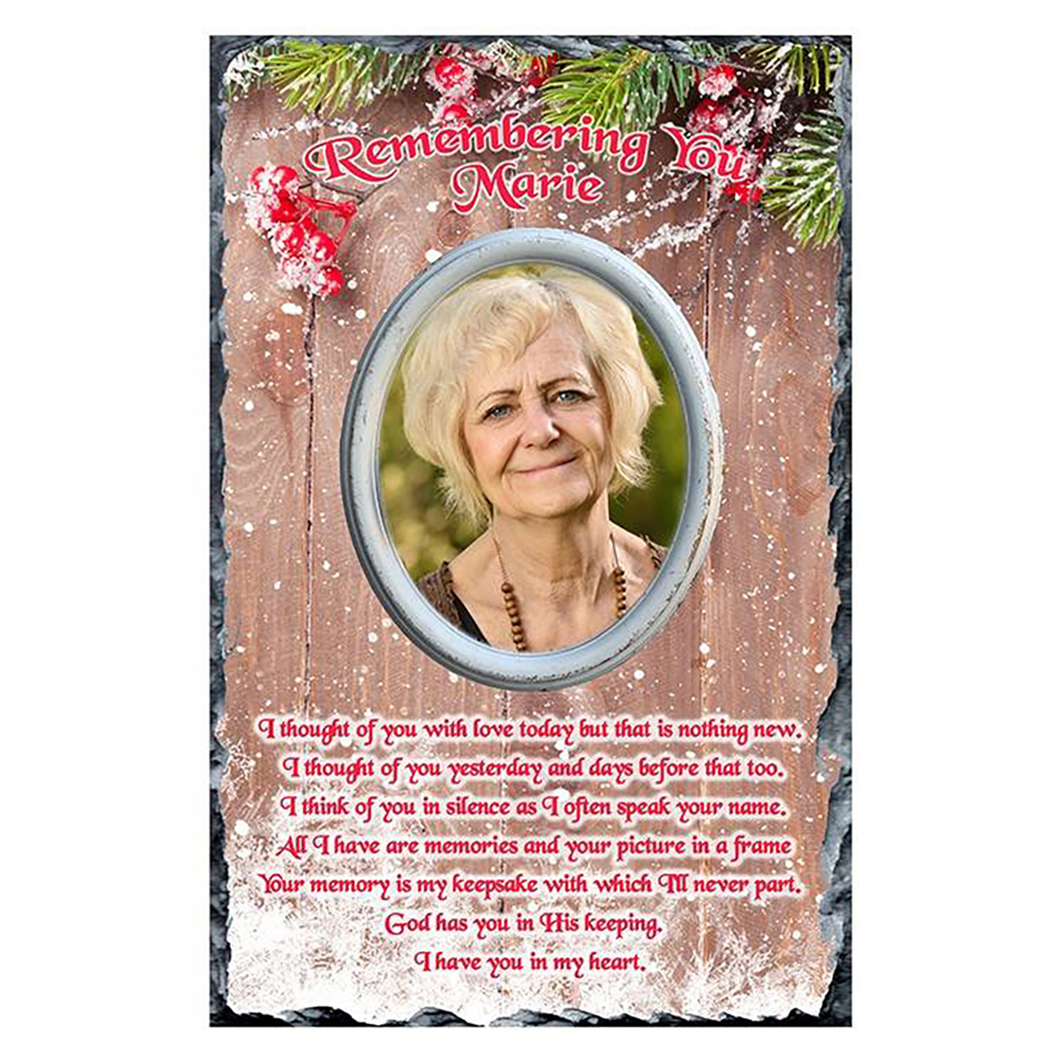 Customised Christmas Remembrance Slate - Berries & Fence with Photo