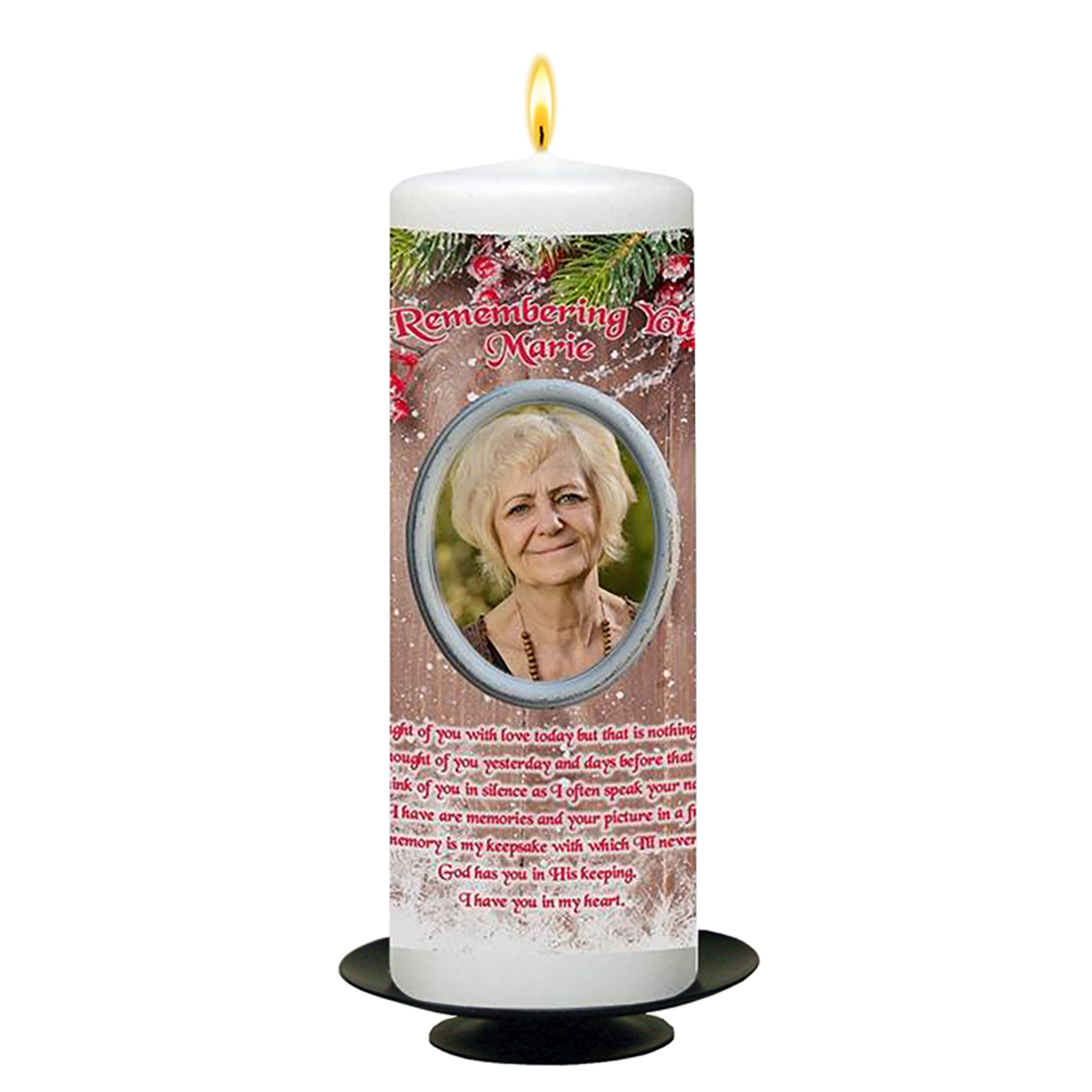 Customised Christmas Remembrance Candle - Berries & Fence Photo