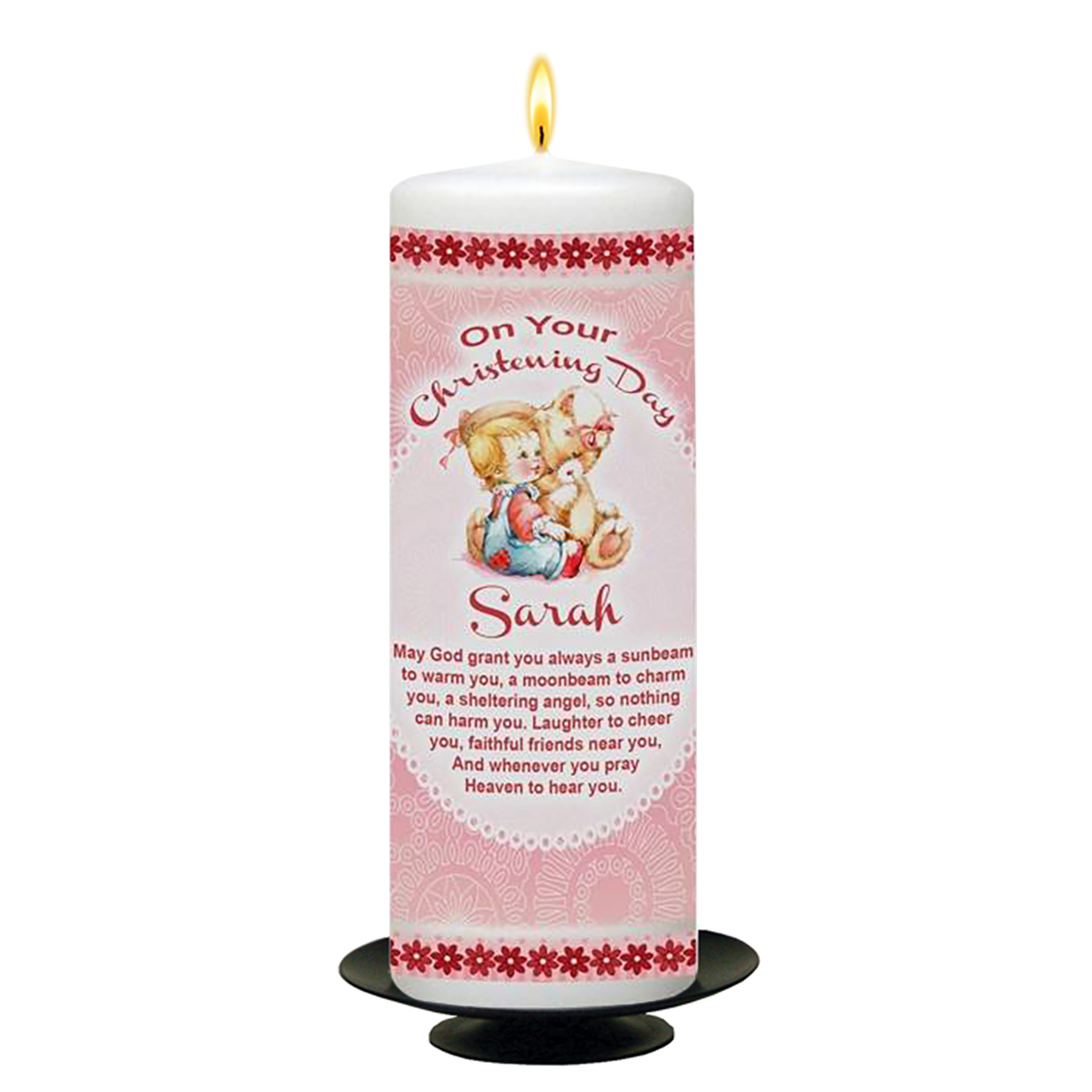 Customised Girls Christening Candle - Cuddle & Photo Pink with Photo