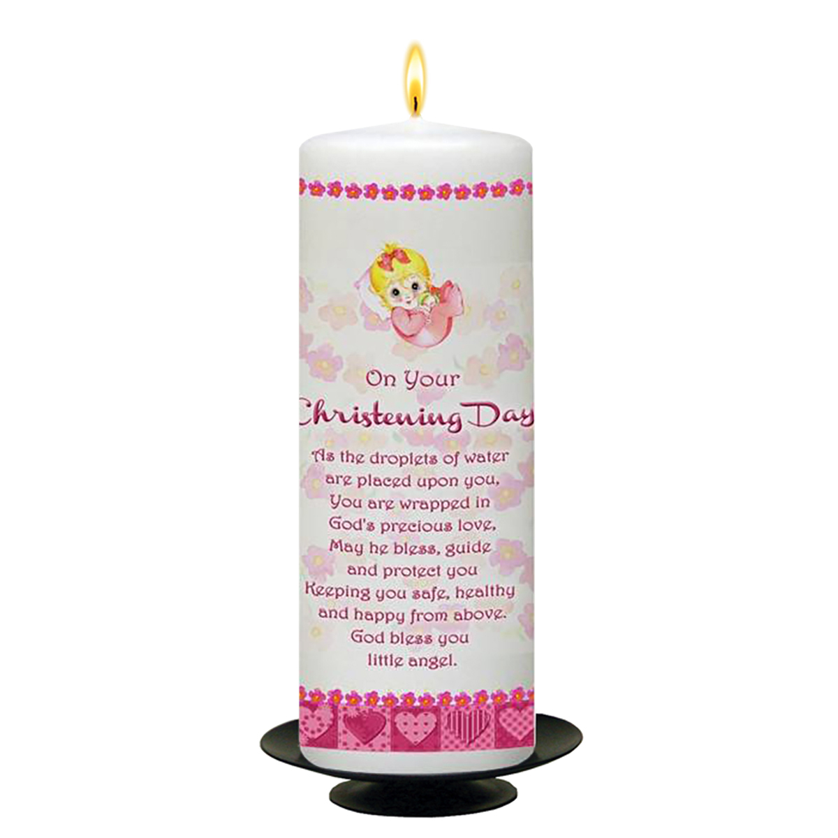 Customised Girls Christening Candle - Pink Baby & Rattle with Photo