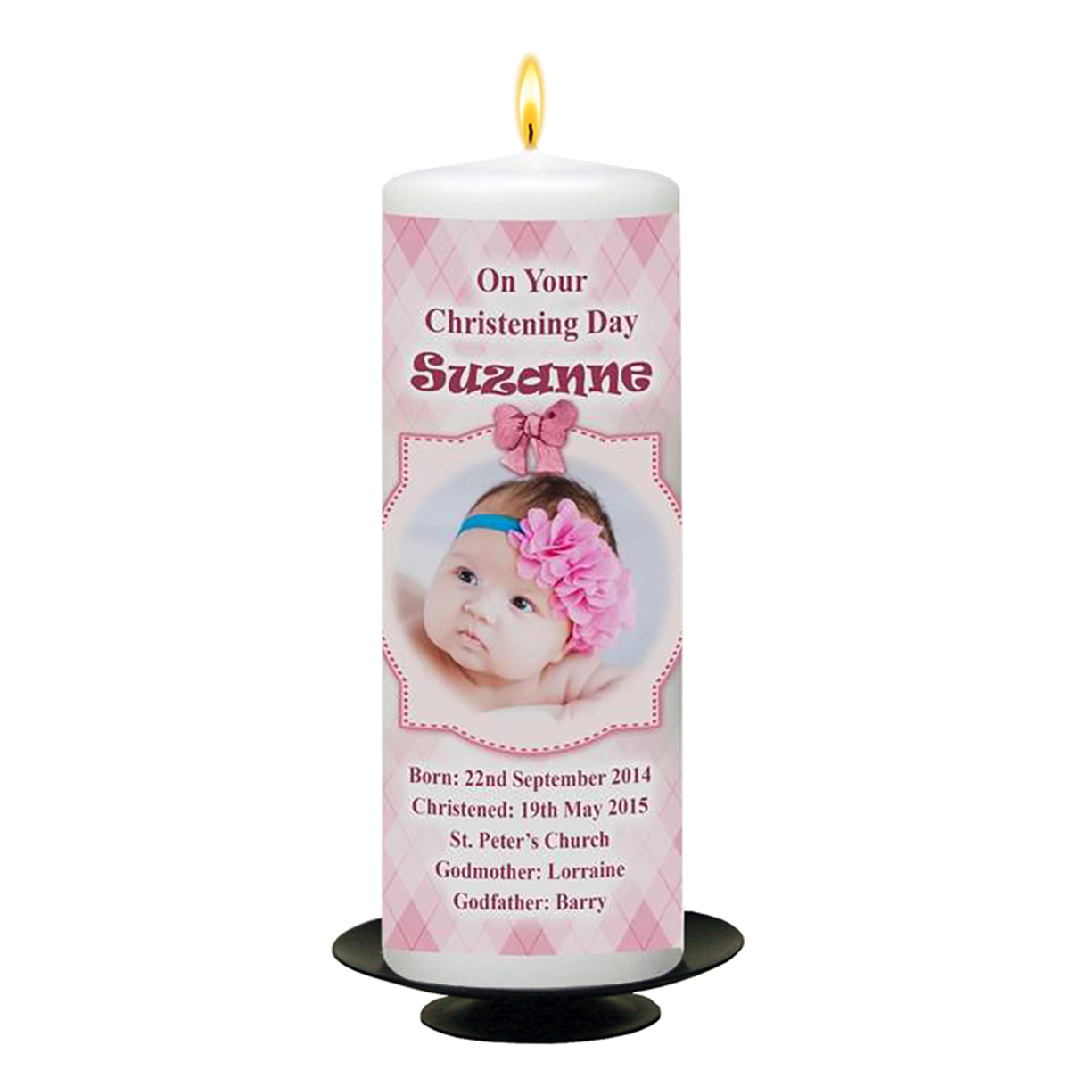 Customised Girls Christening Candle - Teddy & Chair Pink with Photo