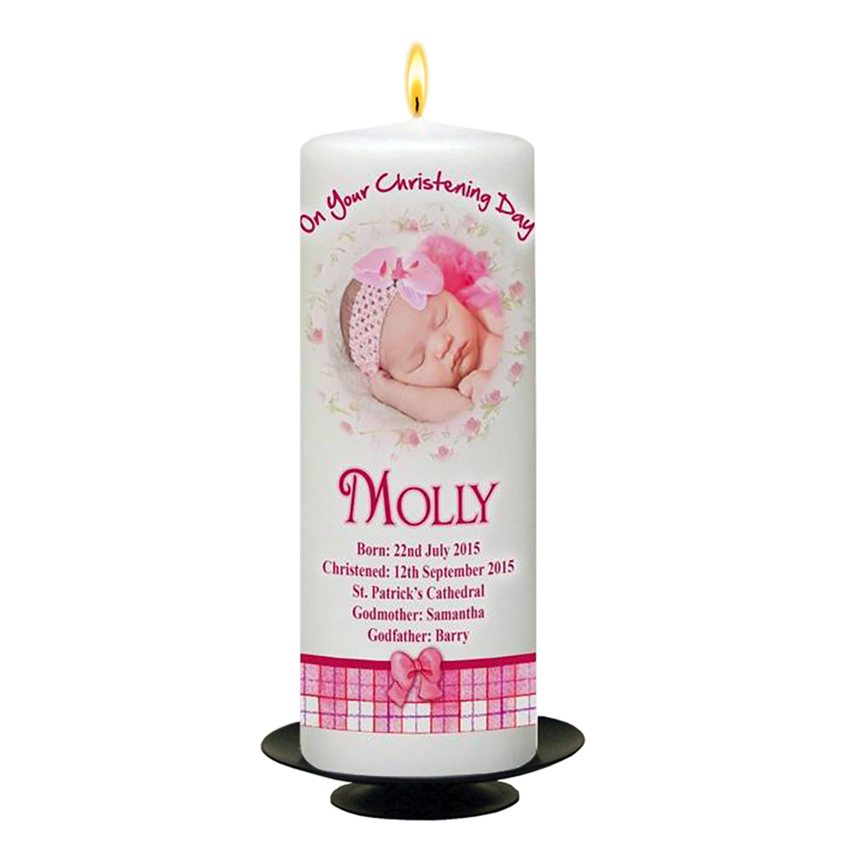 Customised Boys Christening Candle - Kitten Roses & Pin Bows with Photo