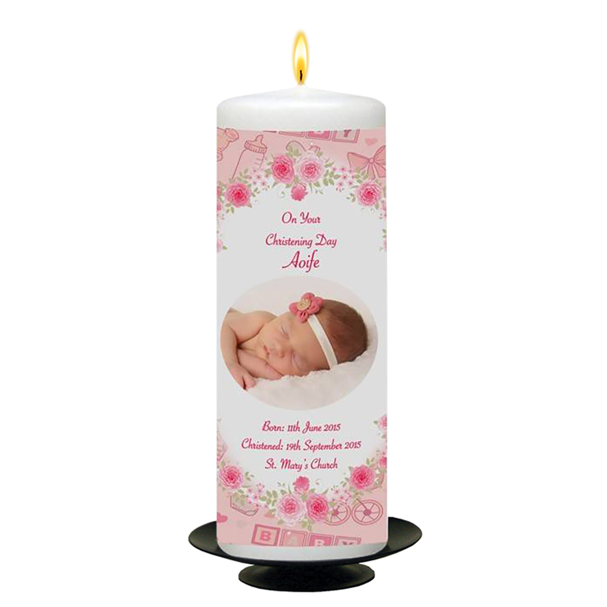 Customised Girls Christening Candle - Bear Sleeping on Moon Pink with Photo