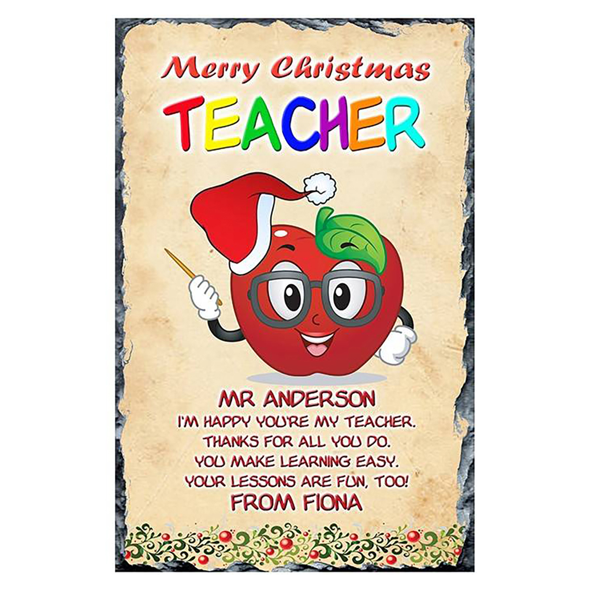 Customised Christmas Teacher Slate Gift - Red Apple & Santa Hat
