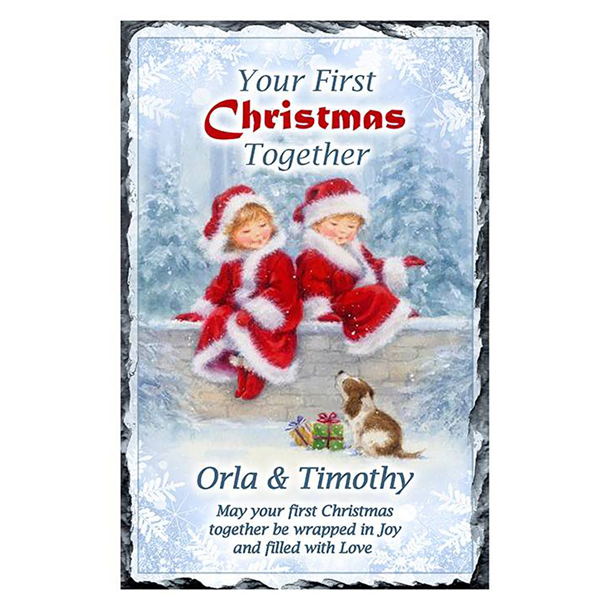 Customised Christmas Slate Gift - Your First Christmas - Two Kids & Puppy
