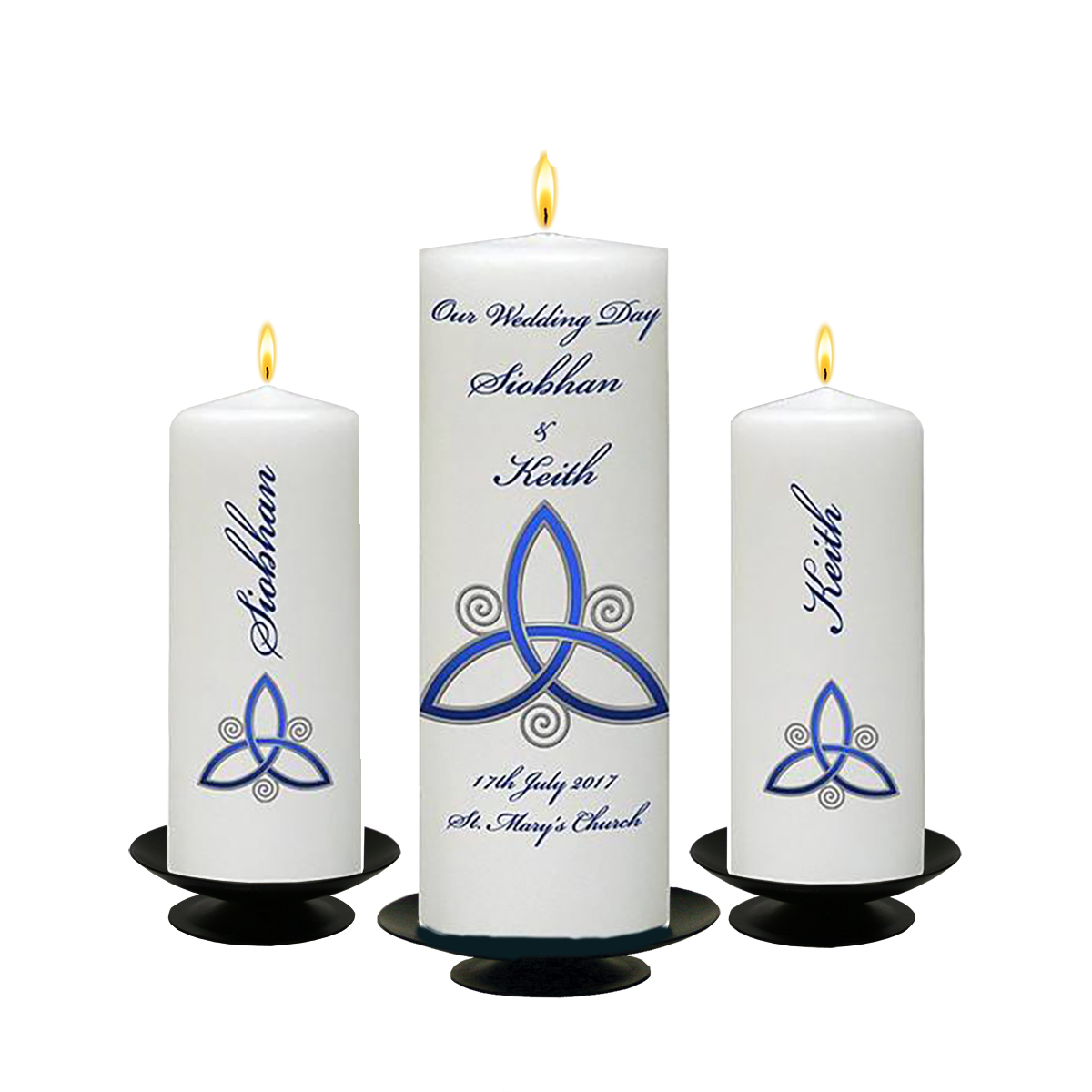 Customised Wedding Candles - Trinity Knot & Swirls Silver Set (1 x 9 inch & 2 x 6 inch Candles)