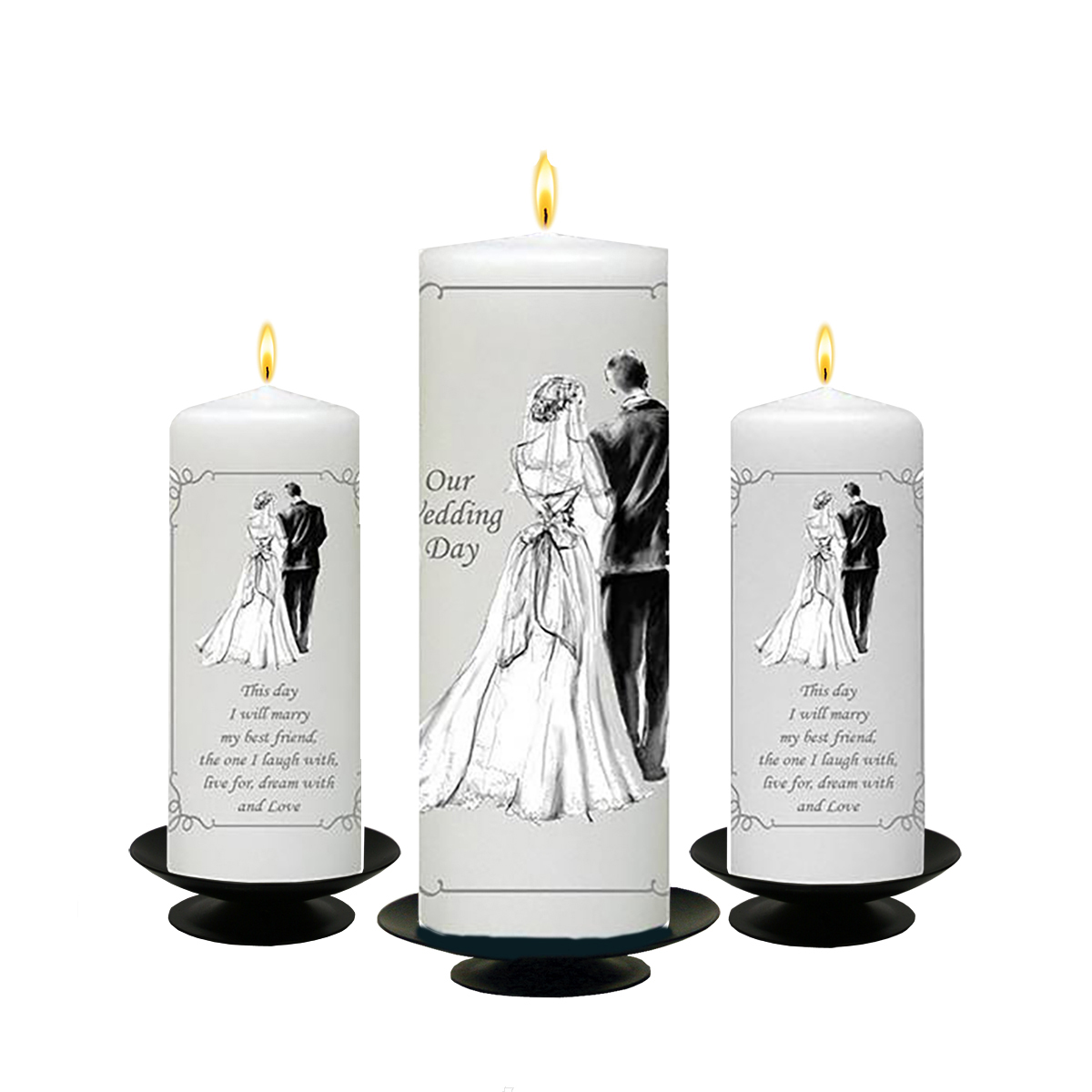 Customised Wedding Candles - Vintage Bridge Groom Silver Set (1 x 9 inch & 2 x 6 inch Candles)