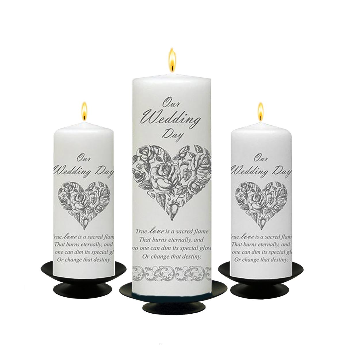 Customised Wedding Candles - Rose Heart Silver Set (1 x 9 inch & 2 x 6 inch Candles)