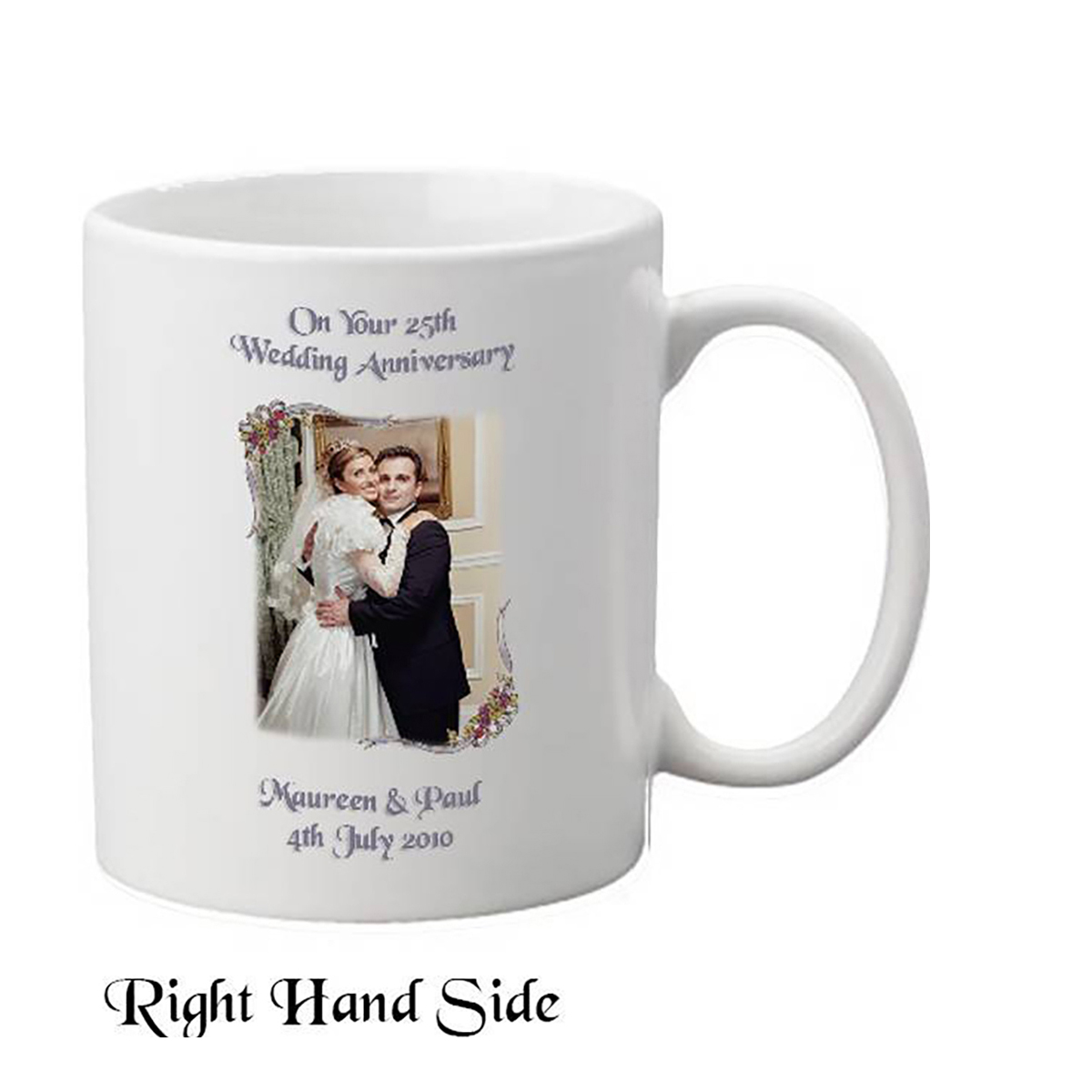 Customised Wedding Anniversary Mug Gift - Silver (25th) Ribbons with Photo Set of Two Mugs