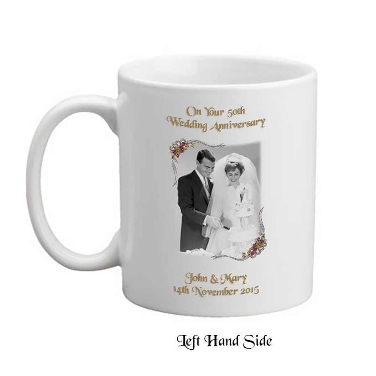 Customised Wedding Anniversary Mug Gift - Golden (50th) Ribbons with Photo