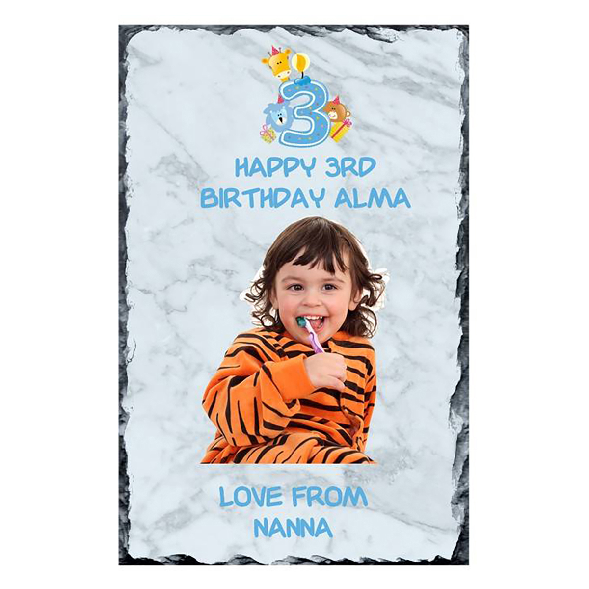 Personalsied Birthday Slate Gift - Age 3 - Birthday Party with Photo Animal