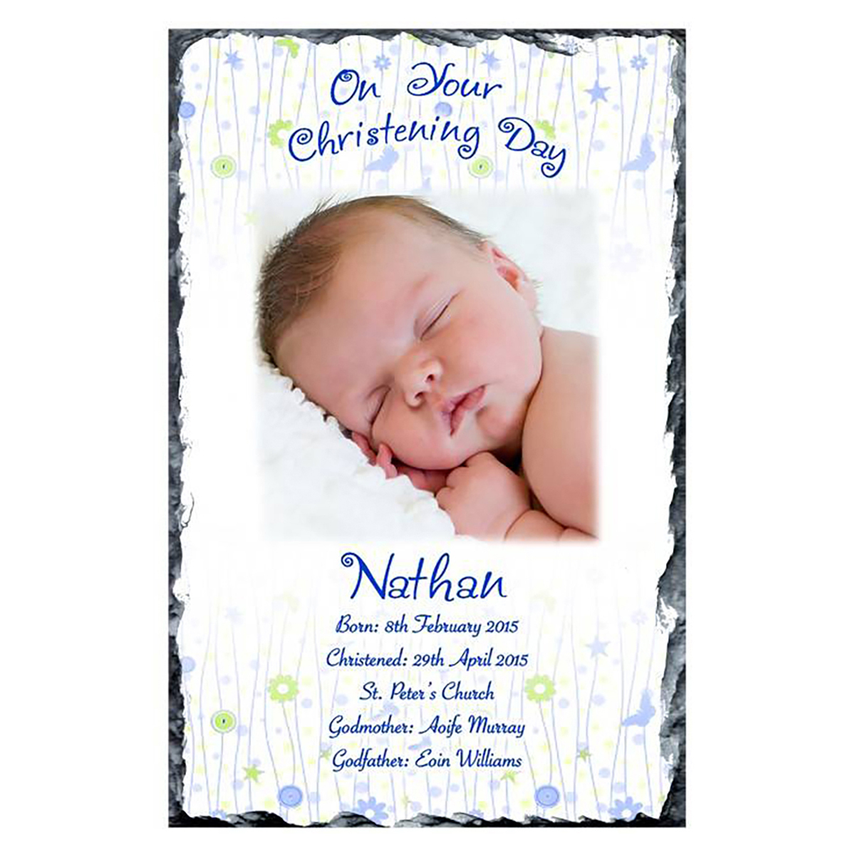 Customised Boy Christening Slate Gift - All Things Nice Blue with Photo