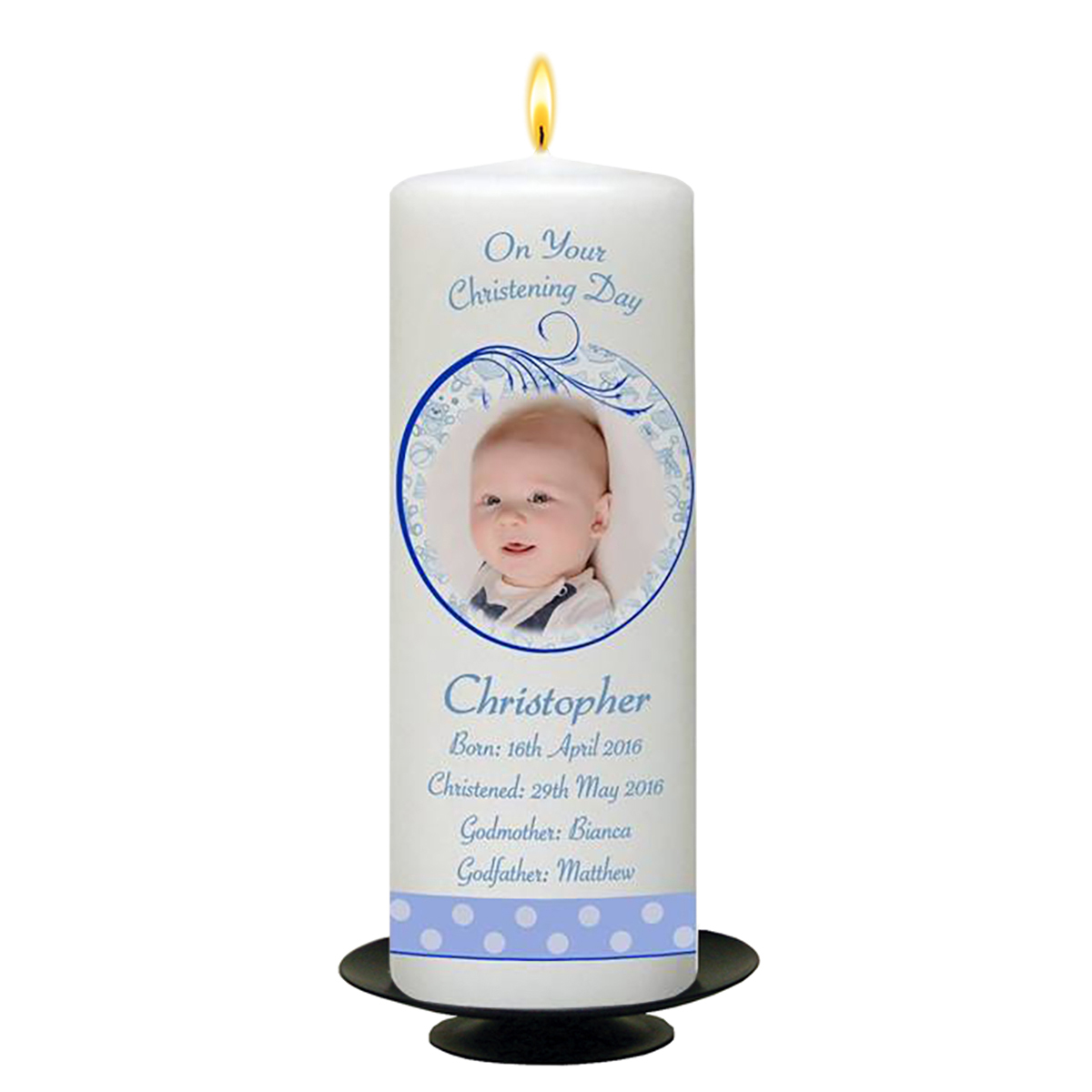 Customised Boys Christening Candle - Teddy & Bubbles Blue with Photo