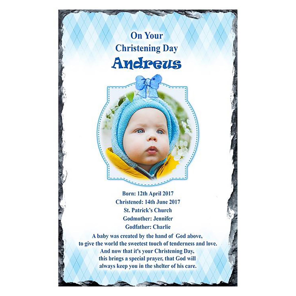 Customised Boys Christening Candle - Teddy & Chair Blue with Photo