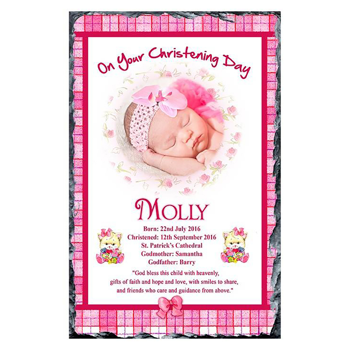 Customised Girl Christening Slate Gift - Kitten & Pink Bows with Photo