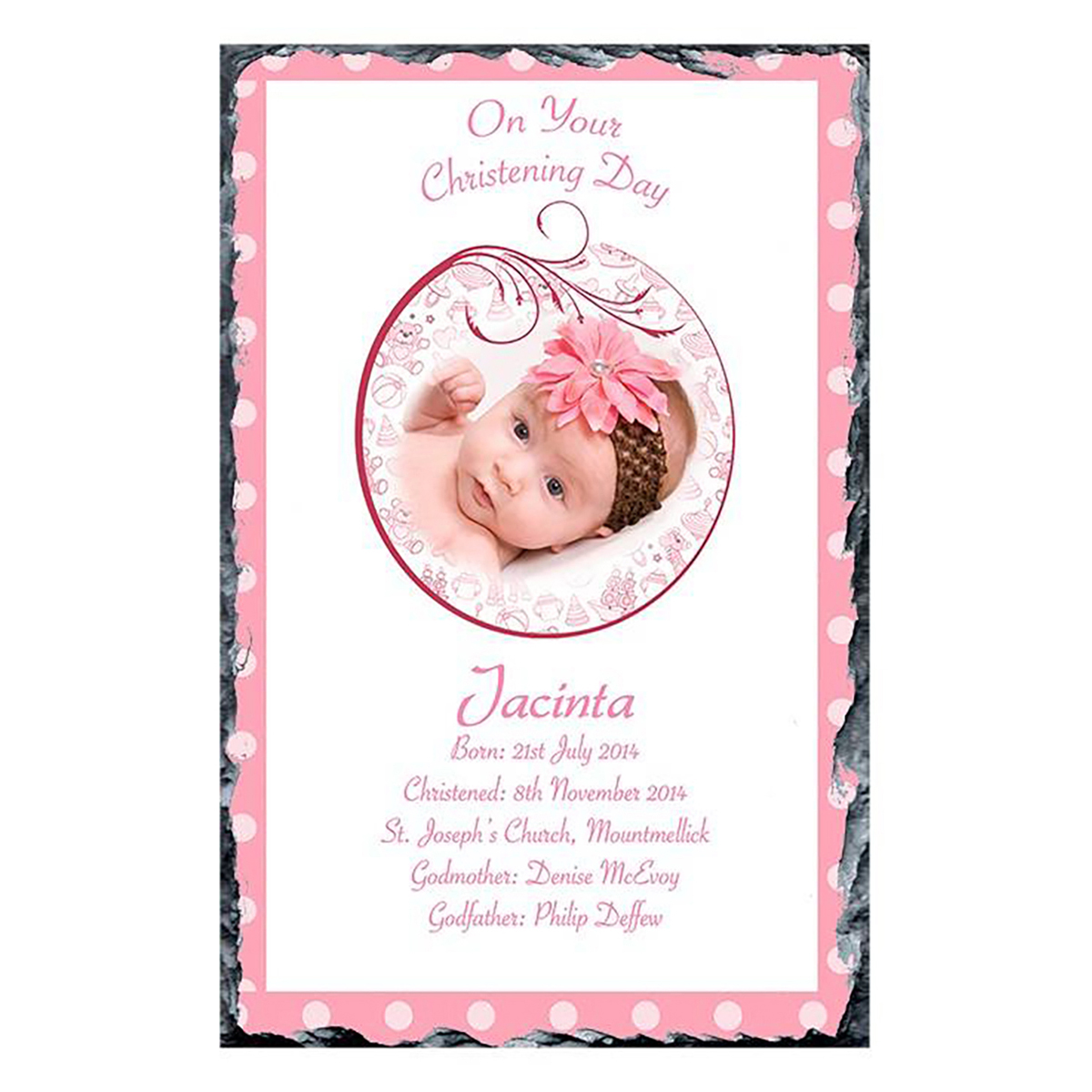 Customised Girl Christening Slate Gift - Teddy & Pink Bubbles with Photo