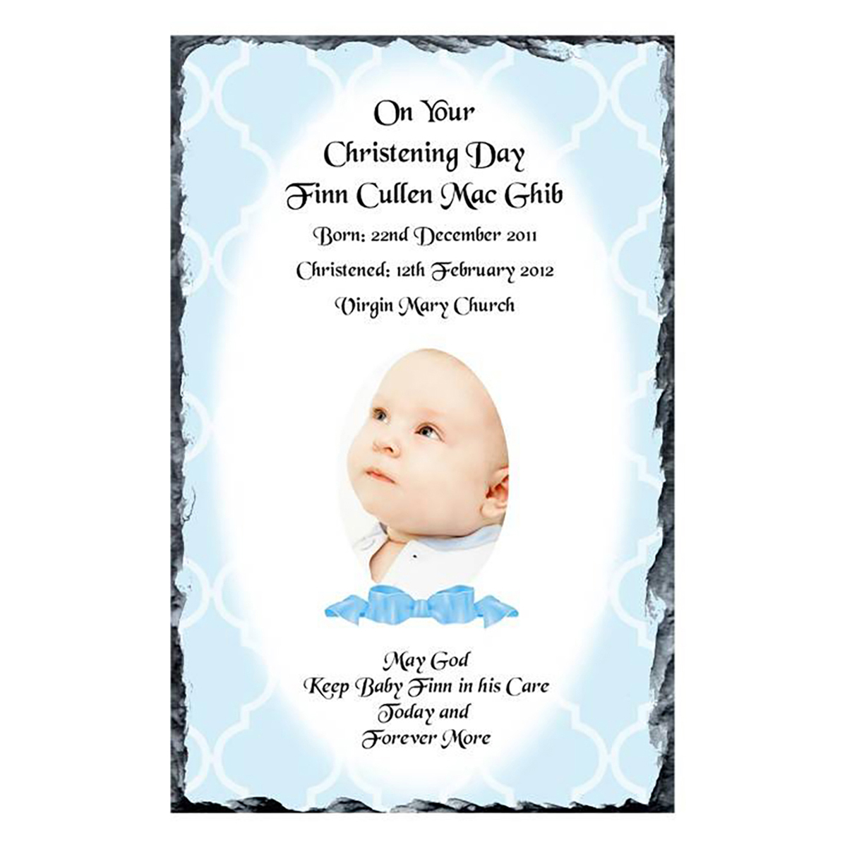 Customised Boys Christening Candle - Ribbon Blue with Photo