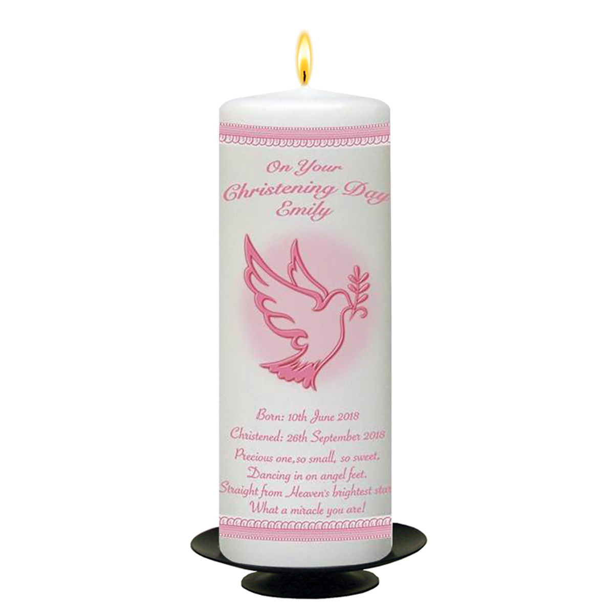 Customised Girls Christening Candle - Flying Dove & Lace Pink