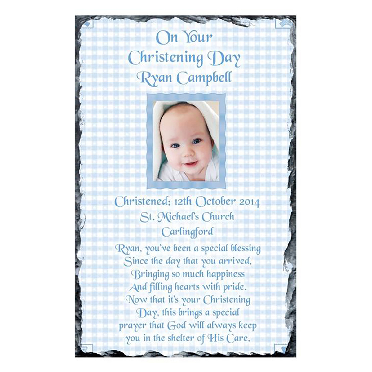 Customised Boys Christening Candle - Gingham Frame Blue with Photo