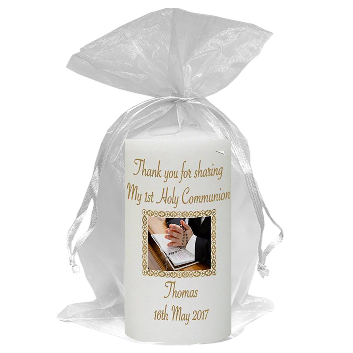 Customised 1st Holy Communion Candle - Rosary beads Boy