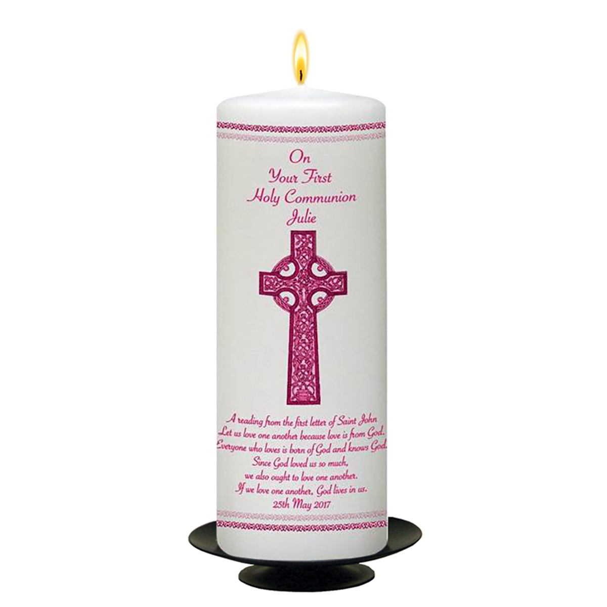 Customised 1st Holy Communion Candle - Pink Celtic Cross