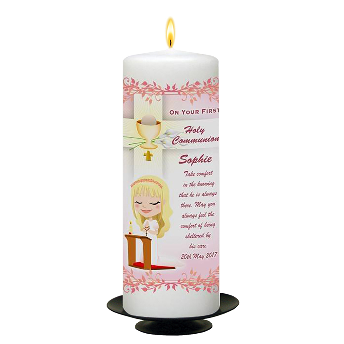 Customised 1st Holy Communion Candle - Praying Girl & Chalice