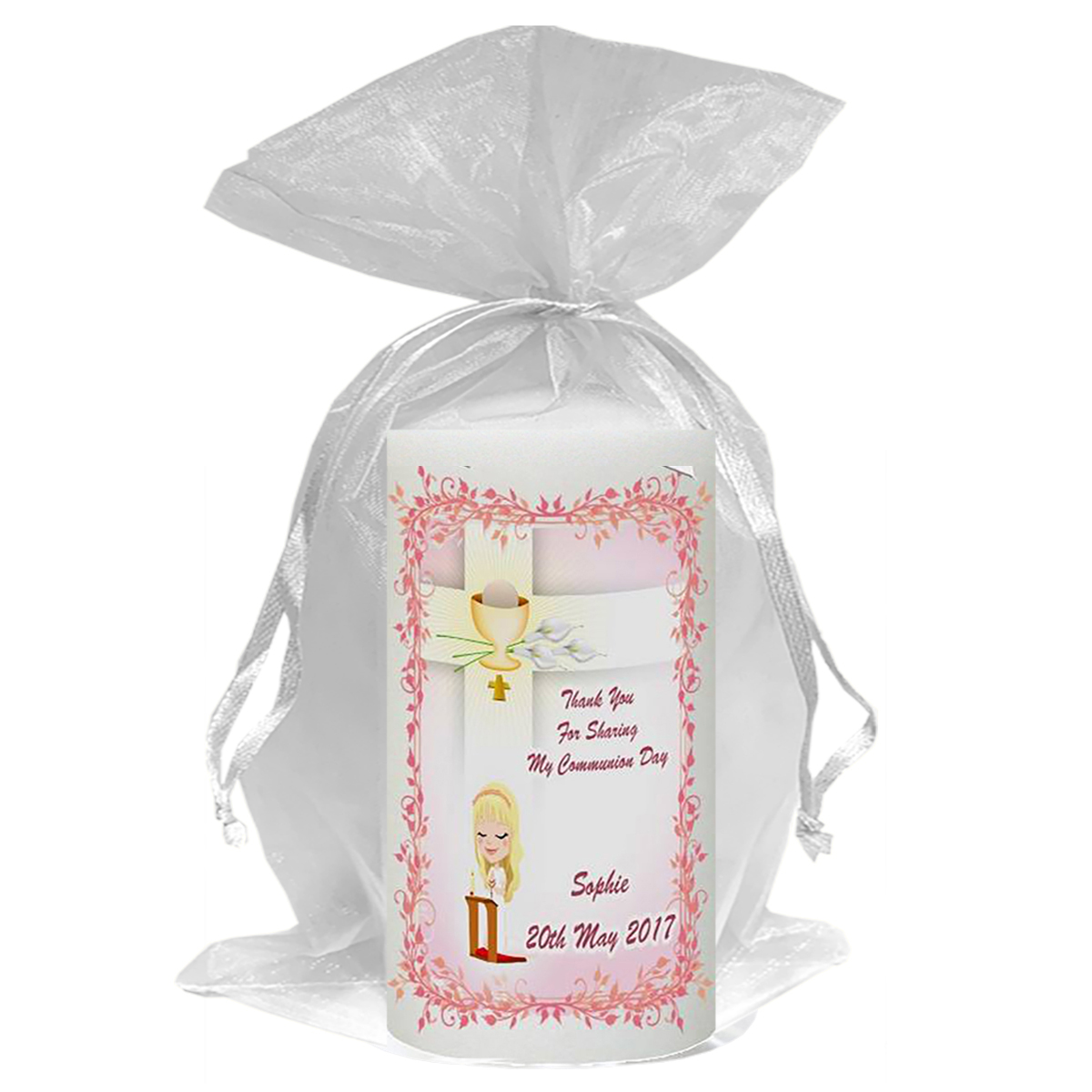 Customised 1st Holy Communion Candle - Praying Girl & Chalice
